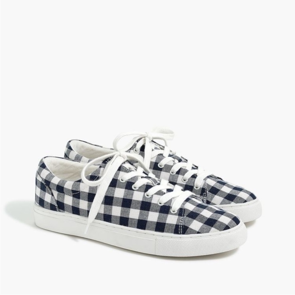 J. Crew Factory Navy Blue Gingham Printed Canvas Lace Up Road Trip Sneakers SZ 9